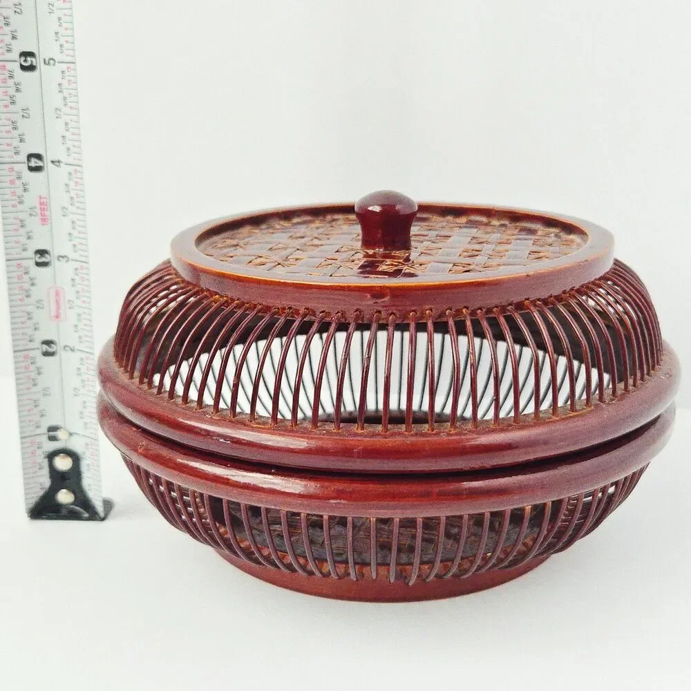 Vintage Japanese Handwoven Bamboo Lacquered Wagashi Basket w/ Lid Cricket Cage